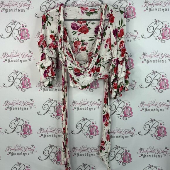 Skylar + Madison wrap top cropped roses flowers Red Floral Blouse - Picture 1 of 7